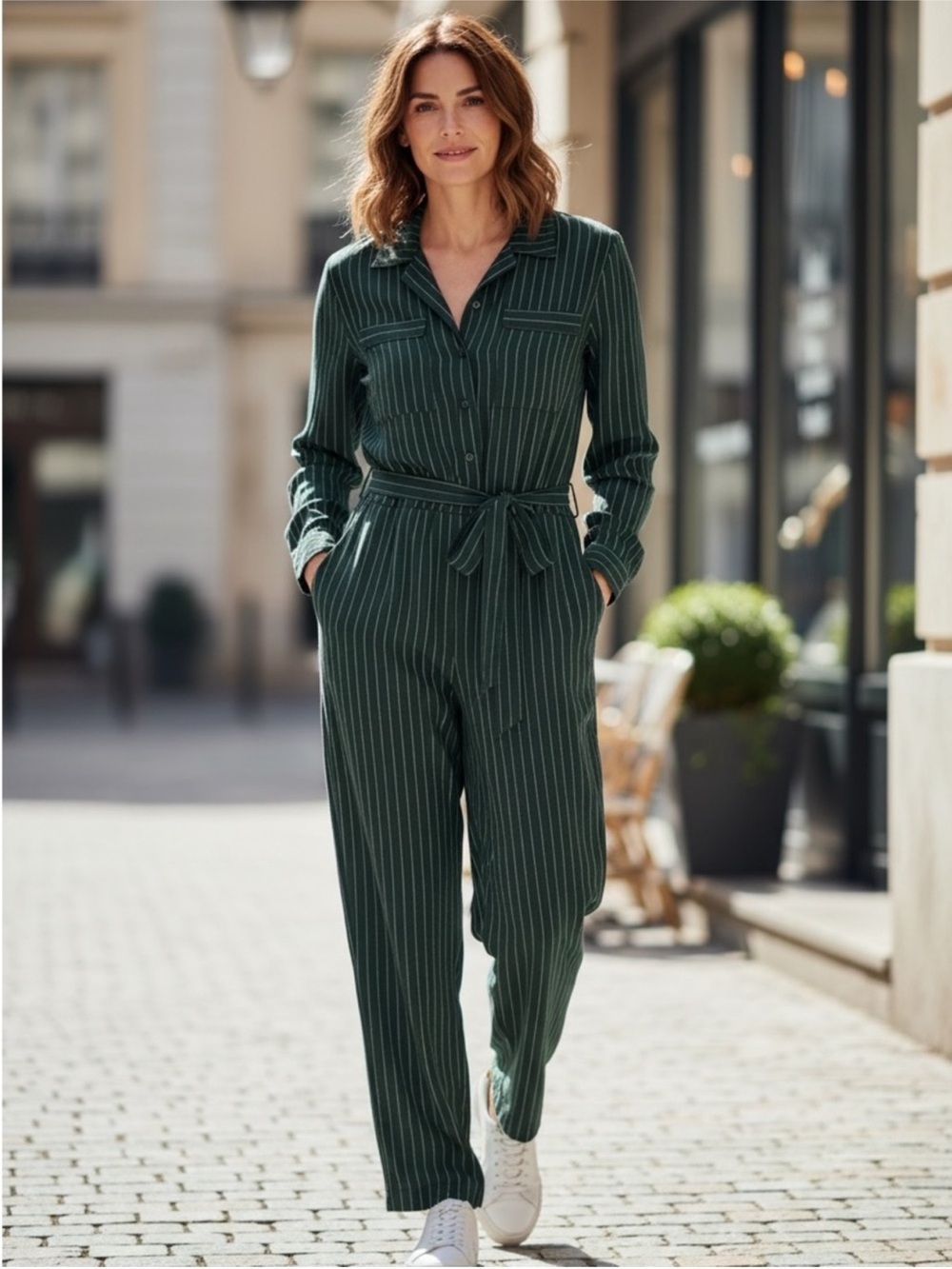 La Boheme Long Sleeve Tie-Waist Jumpsuit Green and White Pinstripes